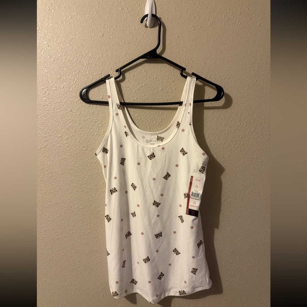 NO BOUNDARIES NWT Women’s White/Pink Polka Dot Cute Cats Sleeveless Tee M (7-9)